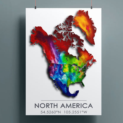 Poster featuring a colorful map of North America, on a gray background