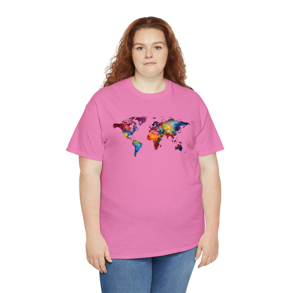 Chubby white woman wearing a dark pink cotton T-shirt featuring a colorful world map design and jeans pants