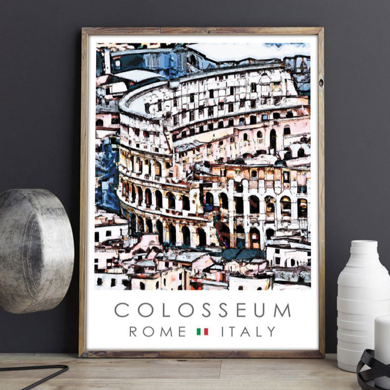 Wood-framed poster featuring the Colosseum in Rome in Italy, beautifully displayed against a sophisticated dark gray wall on a rich brown table, surrounded by decorative elements