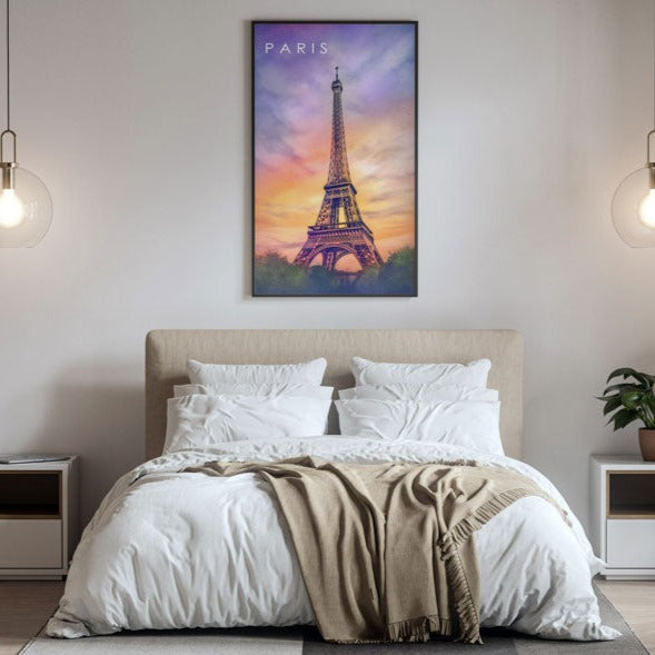 Black-Framed Sunset Sky Eiffel Tower Poster on a white wall above a comfortable king size bed in a room with other decoration