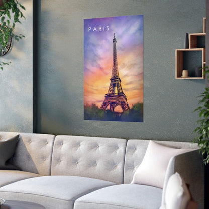 Sunset Sky Eiffel Tower Poster on a gray wall in a room with a white sofa and other decoration