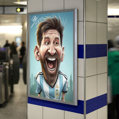 Metal-framed Poster of an autographed Caricature of Lionel Messi on a subway entrance wall