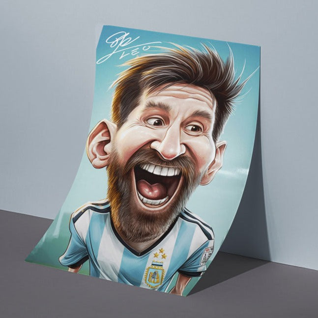 Poster of an autographed Lionel Messi's Caricature on a gray floor and against a light blue wall
