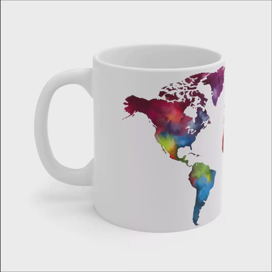 Video showing different sizes of a white ceramic coffee mug featuring a color world map, on a white background
