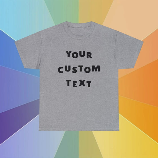 Video showing cotton t-shirts in various colors featuring the sentence Your Custom Text, in a colorful background
