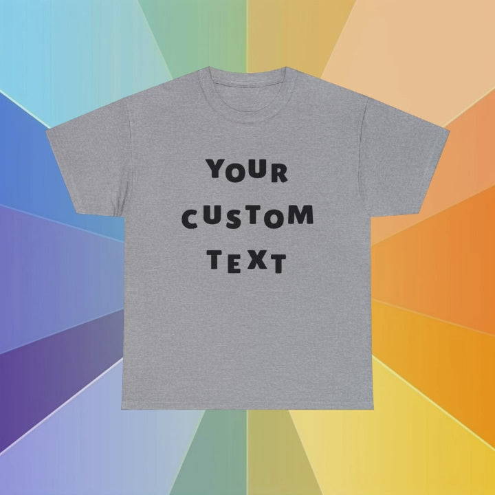 Video showing cotton t-shirts in various colors featuring the sentence Your Custom Text, in a colorful background