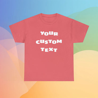 Cotton t-shirt in the color mauve featuring the sentence Your Custom Text, in a colorful background