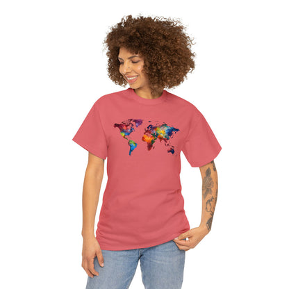 African woman wearing a mauve cotton T-shirt featuring a colorful world map design and jeans pants