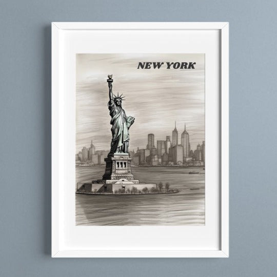 Elegant white-framed poster featuring a detailed pencil drawing of the Statue of Liberty in New York, strikingly displayed against a sleek gray background