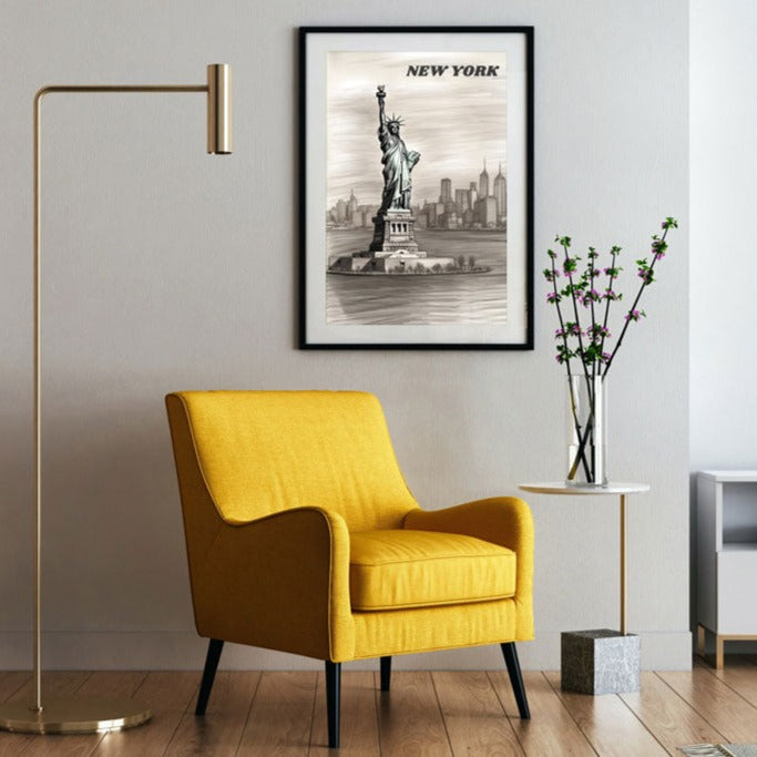 Chic black-framed poster showcasing a detailed pencil drawing of the Statue of Liberty in New York, gracefully displayed on a serene light gray living room wall, complemented by a vibrant yellow chair, an elegant gold floor lamp, and tasteful decor