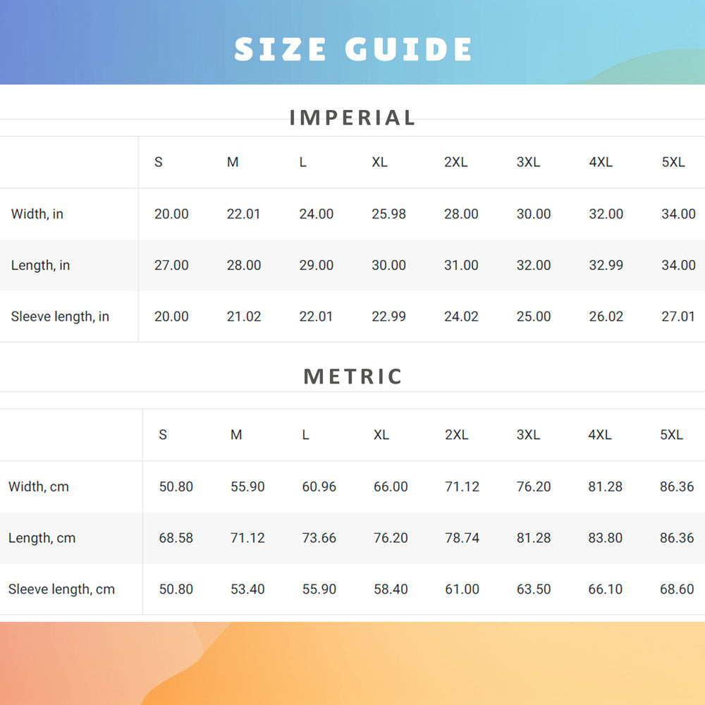 Sweatshirt size guide, featuring various measurements in inches and centimeters for different sizes