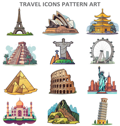 image featuring several famous world travel landmarks in cartoon style