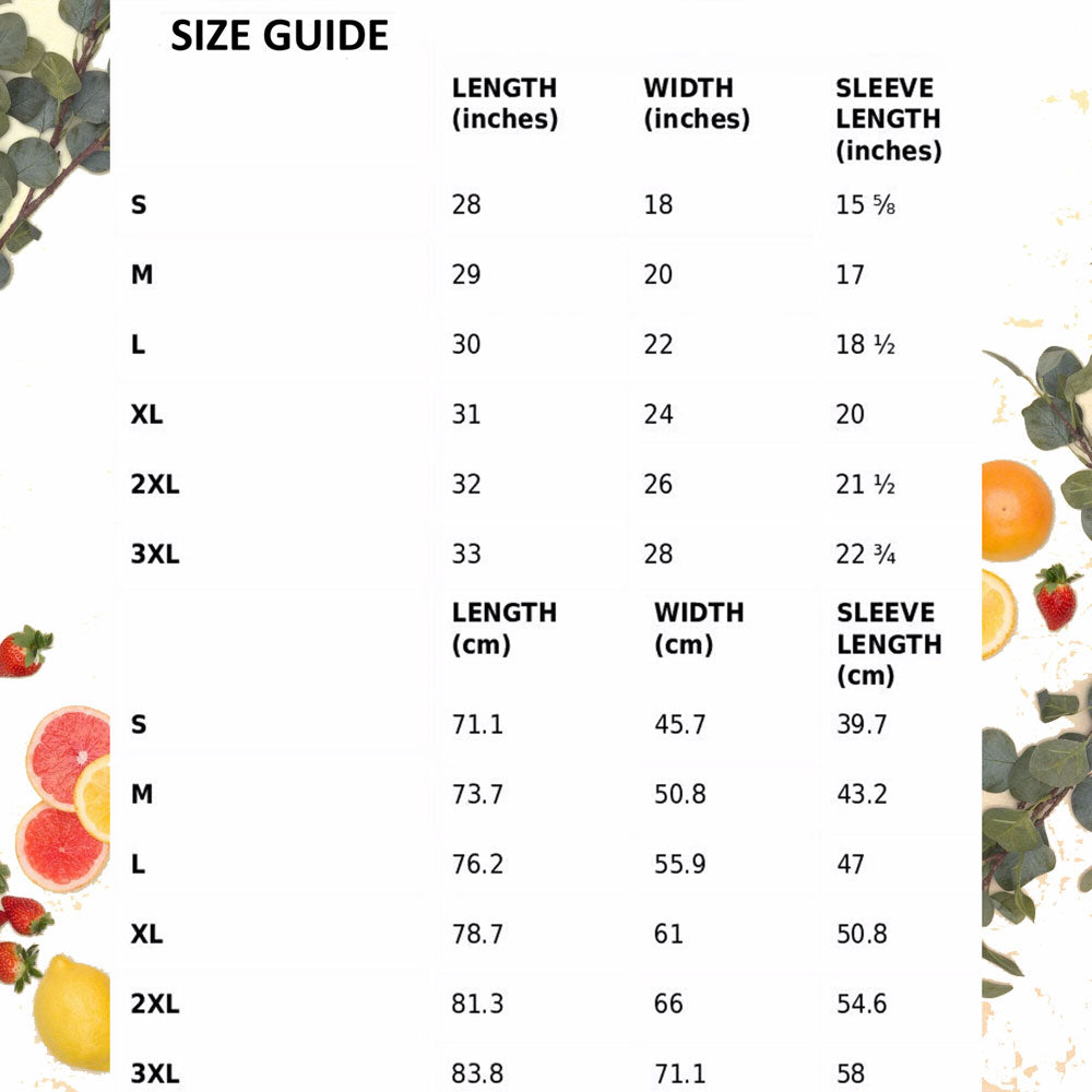 T-shirt size guide, featuring various measurements in inches and centimeters for different sizes, set against a white backdrop with an arrangement of fruits and lush greenery