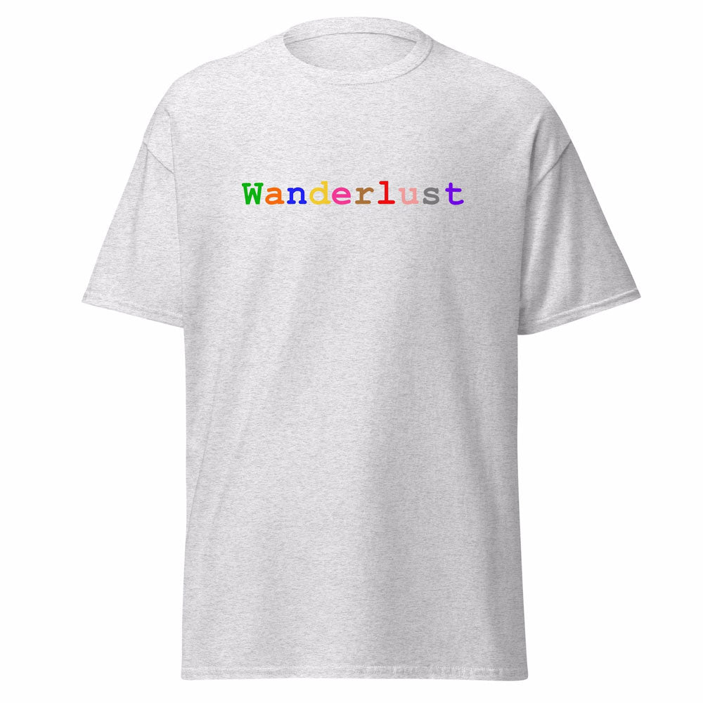 Stylish light gray cotton t-shirt adorned with the word 'Wanderlust,' where each letter boasts a unique color, set against a clean white background