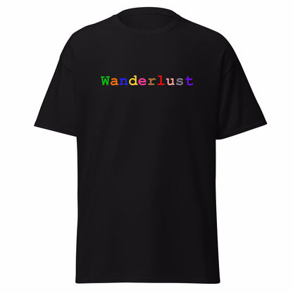 Stylish black cotton t-shirt adorned with the word 'Wanderlust,' where each letter boasts a unique color, set against a clean white background
