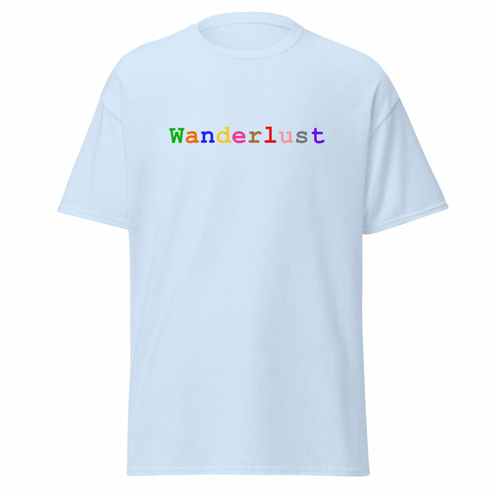 Stylish light blue cotton t-shirt adorned with the word 'Wanderlust,' where each letter boasts a unique color, set against a clean white background