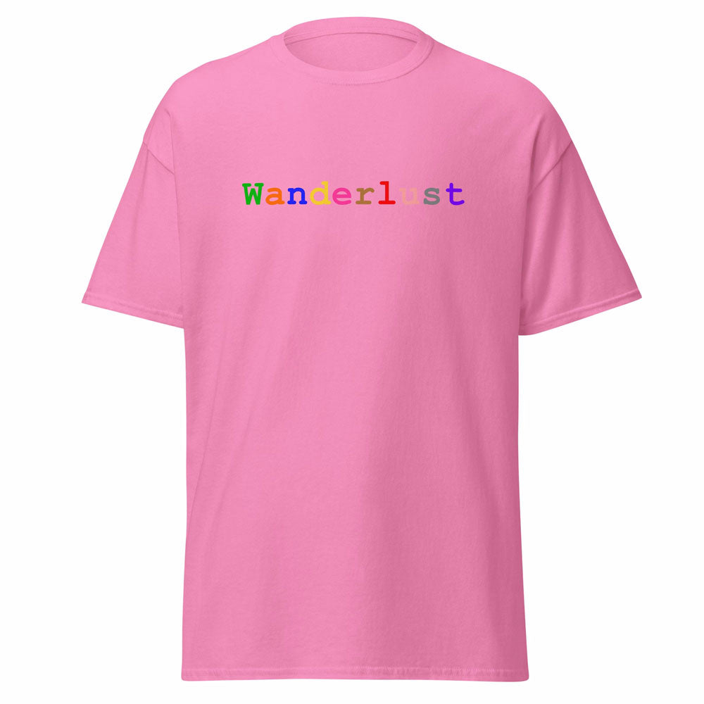 Stylish pink cotton t-shirt adorned with the word 'Wanderlust,' where each letter boasts a unique color, set against a clean white background