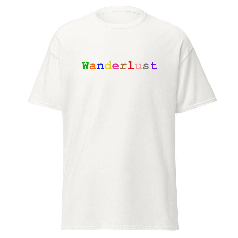 Stylish white cotton t-shirt adorned with the word 'Wanderlust,' where each letter boasts a unique color, set against a clean white background
