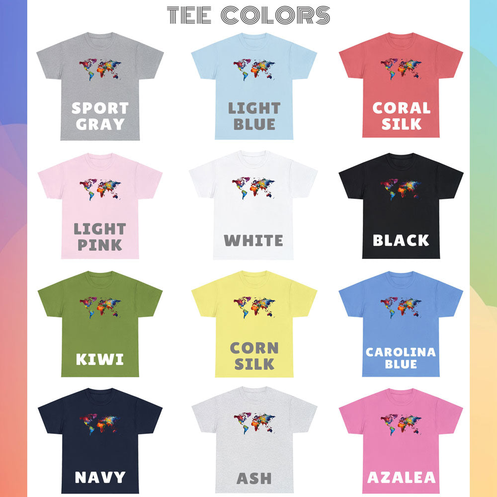 Cotton T-shirt color guide, featuring 12 different colors of t-shirts, including white, black, gray, pink, green, red, blue, yellow, and navy