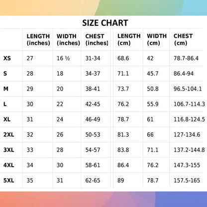 T-shirt size guide, featuring various measurements in inches and centimeters for different sizes