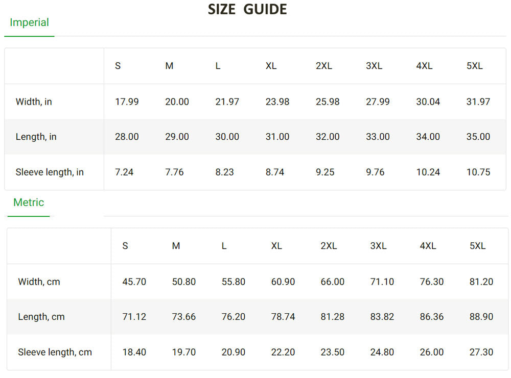 T-shirt size guide, featuring various measurements in inches and centimeters for different sizes