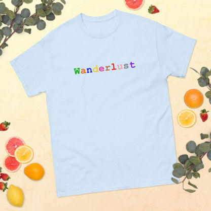 Light blue cotton t-shirt adorned with the word 'Wanderlust', set against a backdrop of soft yellow with a charming arrangement of fruits and lush greenery
