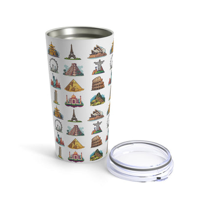 20oz white tumbler featuring famous travel landmarks, elegantly open with its lid beside it, set against a pristine white background
