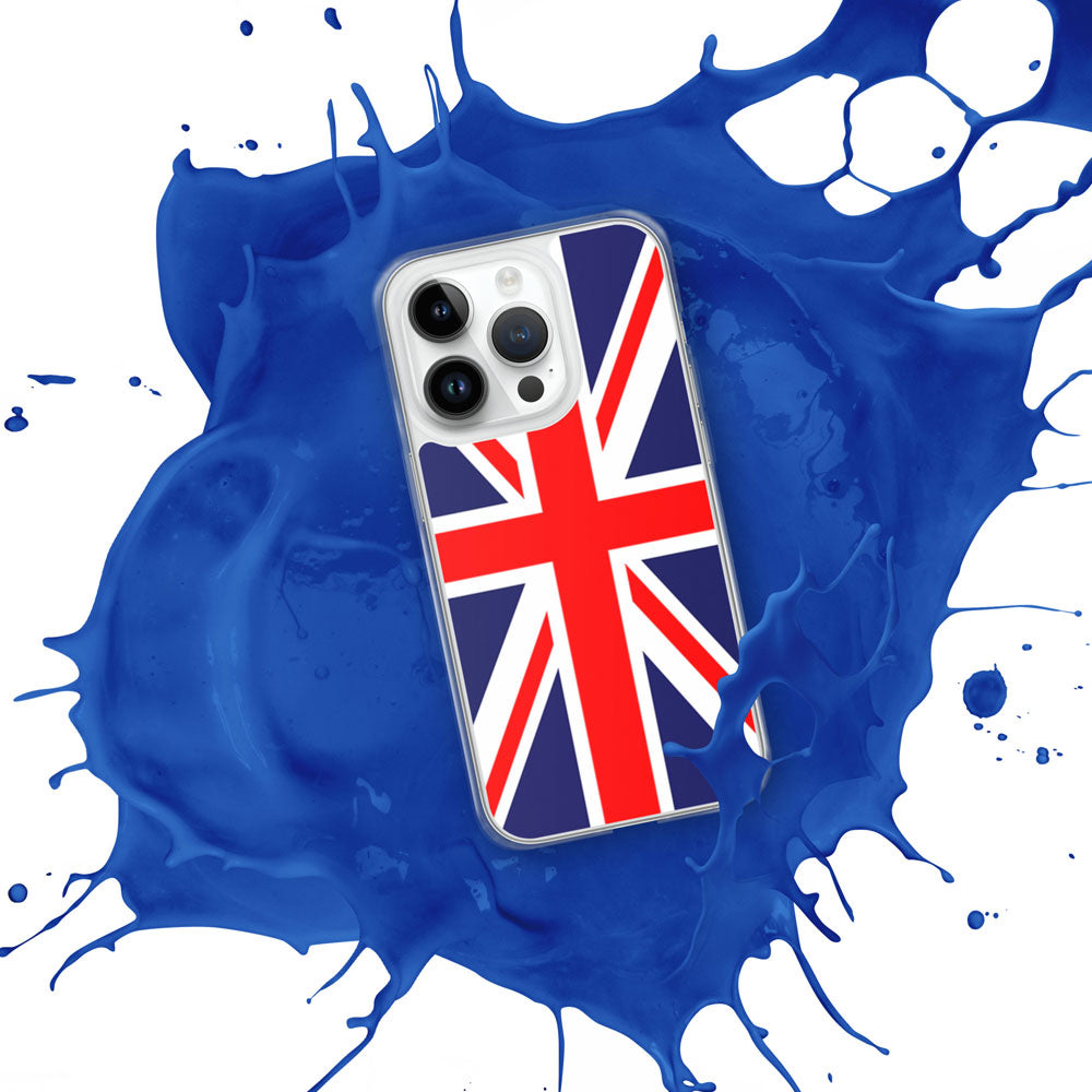 iphone with a case featuring the United Kingdom flag on a white background with a splash of blue paint