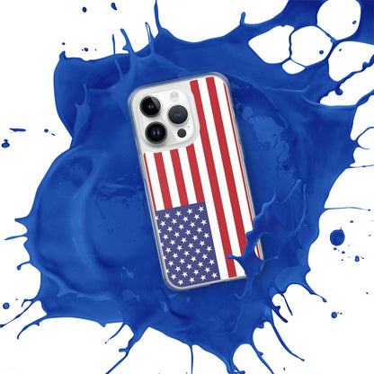 iphone with a case featuring the United States flag on a white background with a splash of blue paint