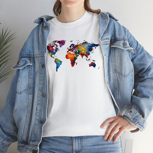 Close shot of a woman wearing a white T-shirt featuring a detailed color world map design, as well as jeans jacket and pants