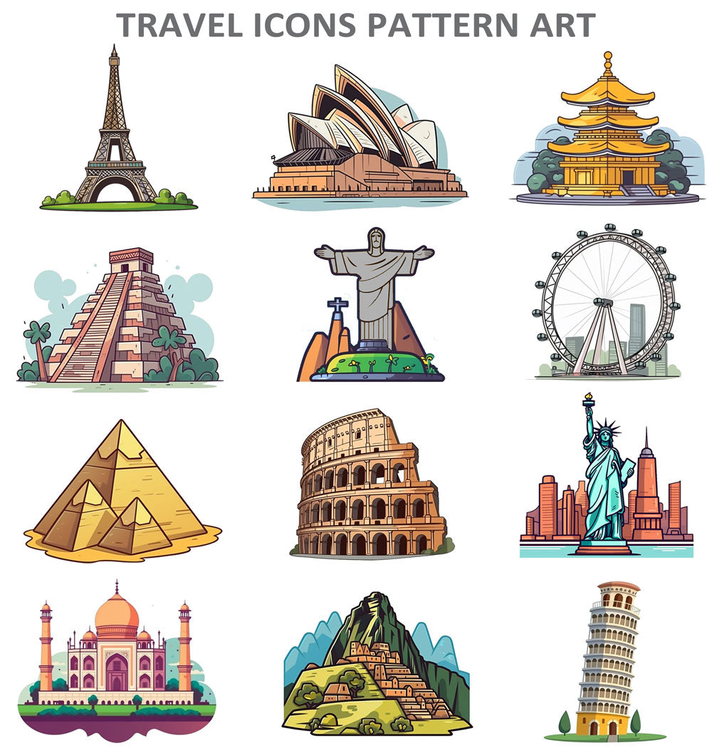 image featuring several famous world travel landmarks in cartoon style